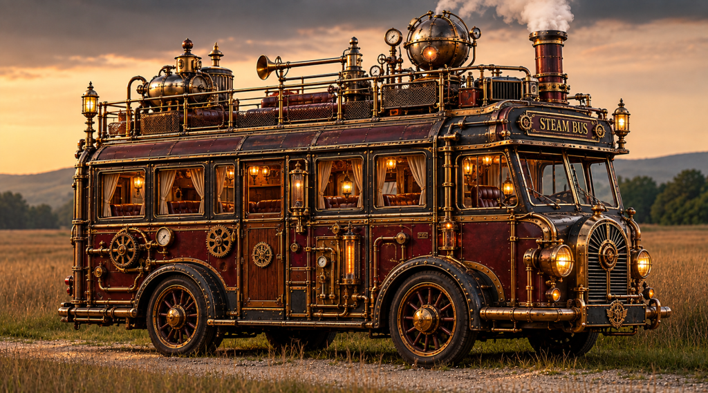 Dampfbus im goldenen Abendlicht
