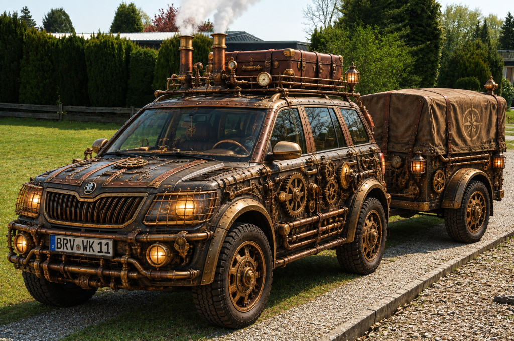Steampunk-SUV mit Zeitreiseanhänger